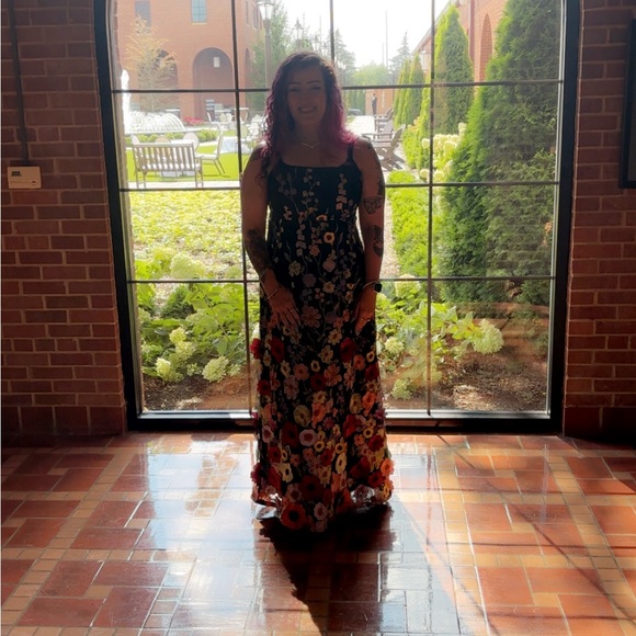 lulus Thriving poise black 3D floral embroidered Tie strap maxi dress. - Picture 6 of 7